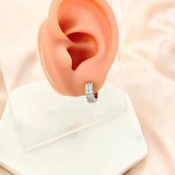 925Sterling Silver Diamond CZ Huggie Hoop Earrings Silver Huggies - Picture 2 of 4